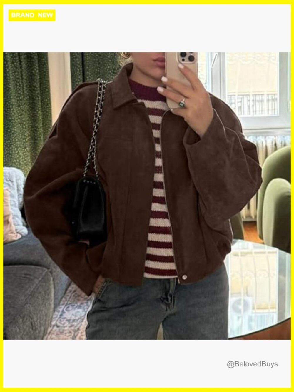 Faux Suede Bomber Jacket Zipper Pilot Coat Oversized Long Sleeves Y2K - Picture 3 of 7